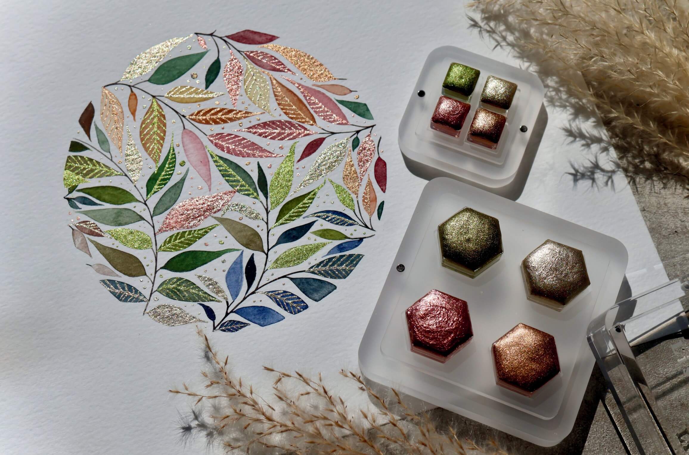Finished metallic watercolor leaves from free Lisilinka tutorial