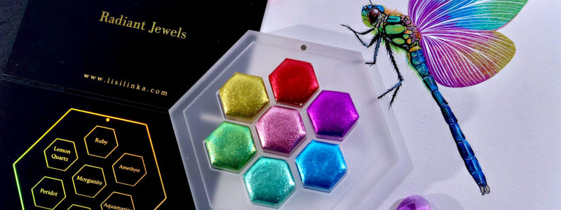 Radiant Jewels set of seven vibrant metallic watercolors in acrylic box by Lisilinka