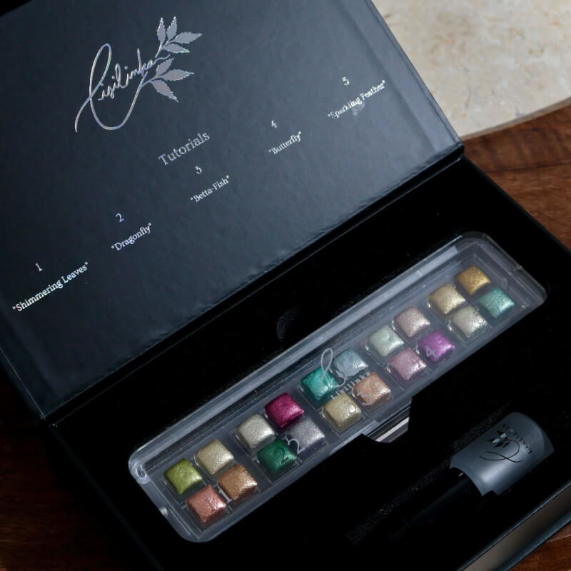 Metallic watercolor tutorial sets with sketches and booklet by Lisilinka