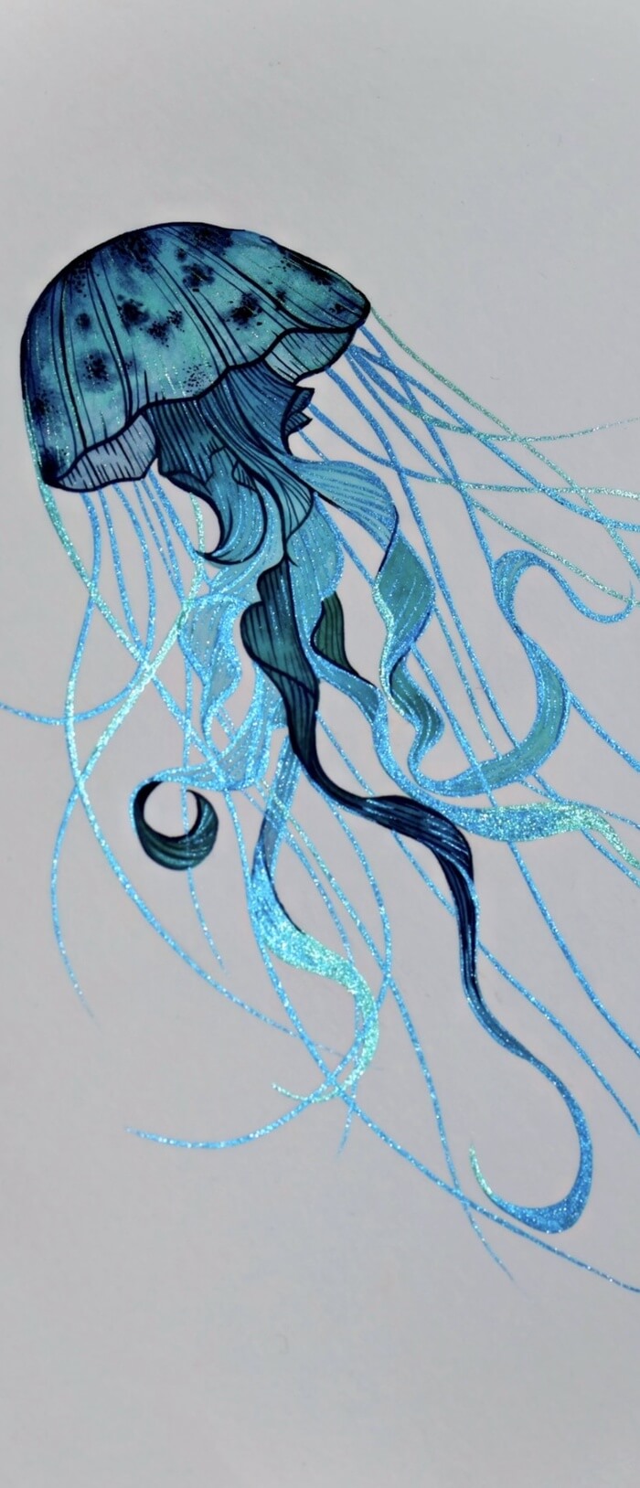 Blue sparkling jellyfish painted with Lisilinka holographic watercolors