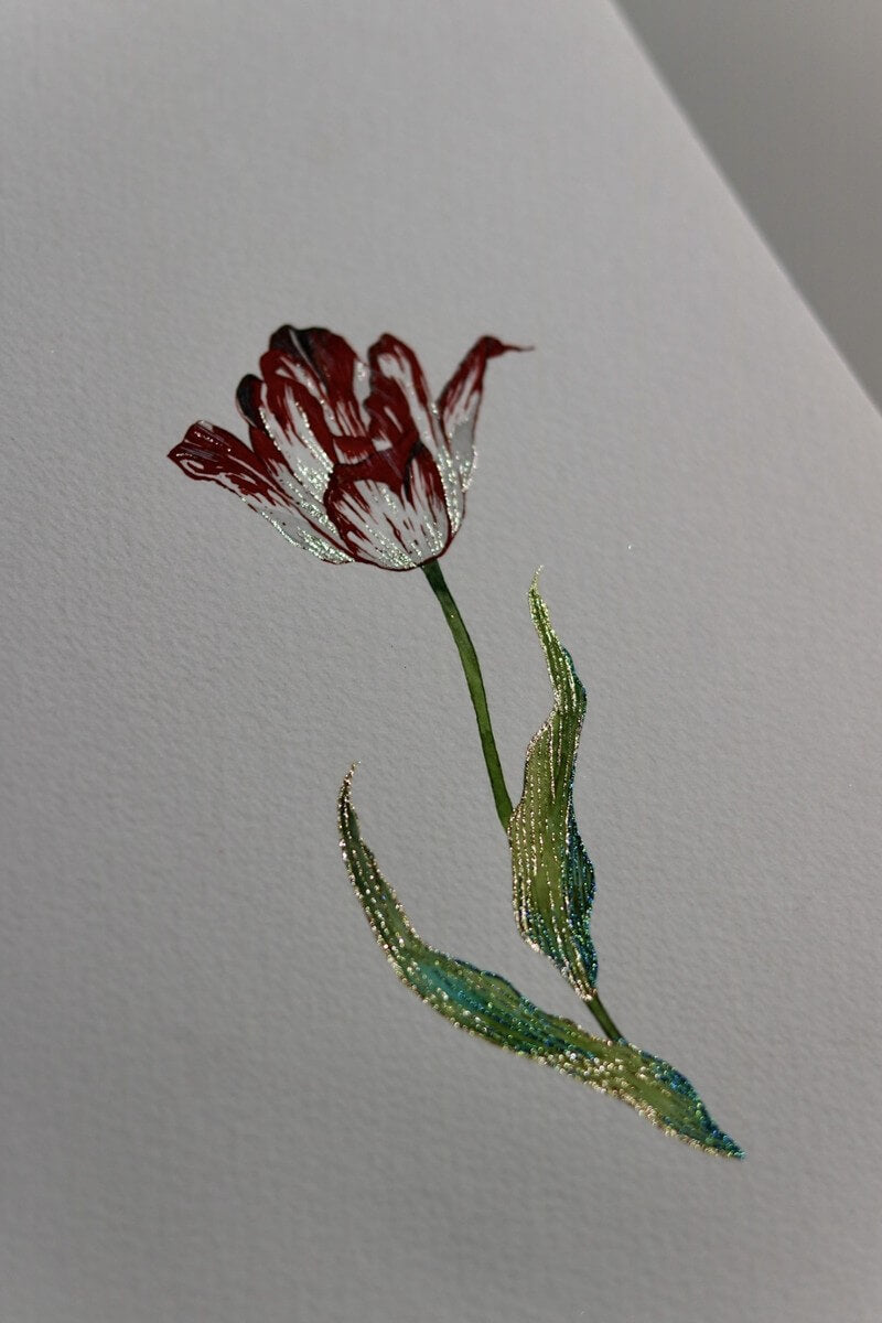 Dark red parrot tulip painted with Lisilinka metallic watercolors