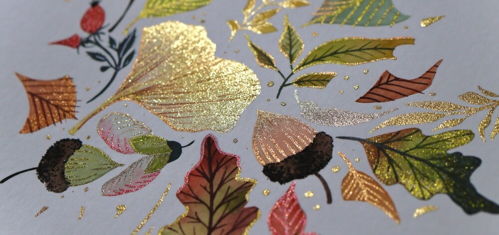 Fall leaves with gold ginkgo painted with Lisilinka metallic watercolors