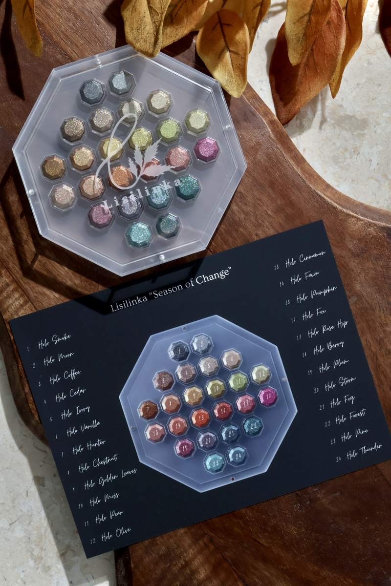 Season of Change: the 24 holographic shades next to the set card with all names