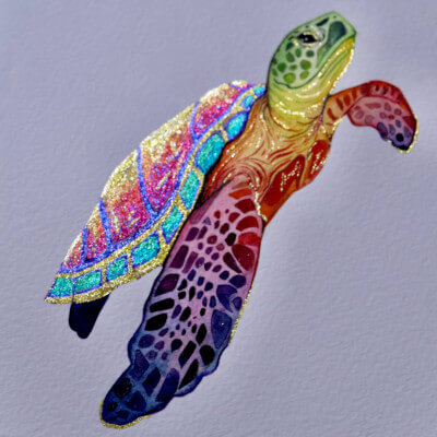 Colorful turtle illustration on a textured gray background with extreme sparkle of lisilinka metallic watercolors