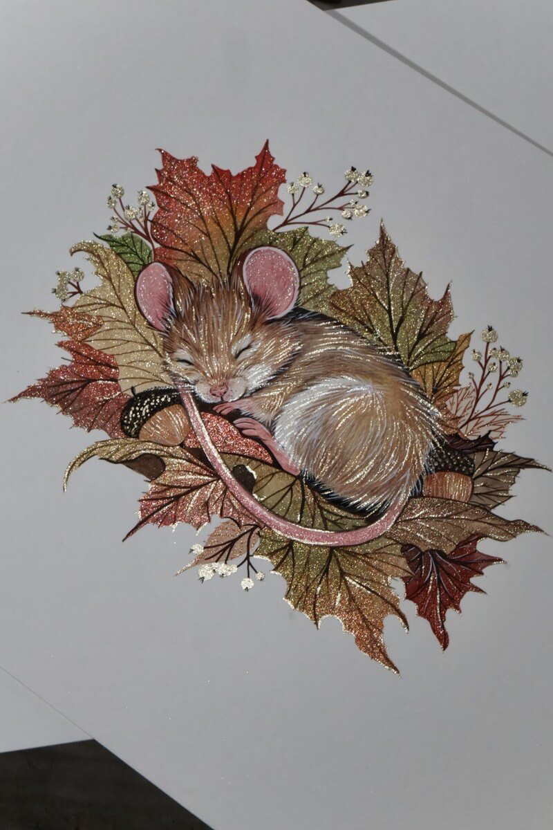 Sleeping mouse on autumn leaves painted with Lisilinka Season of Change holographic watercolors