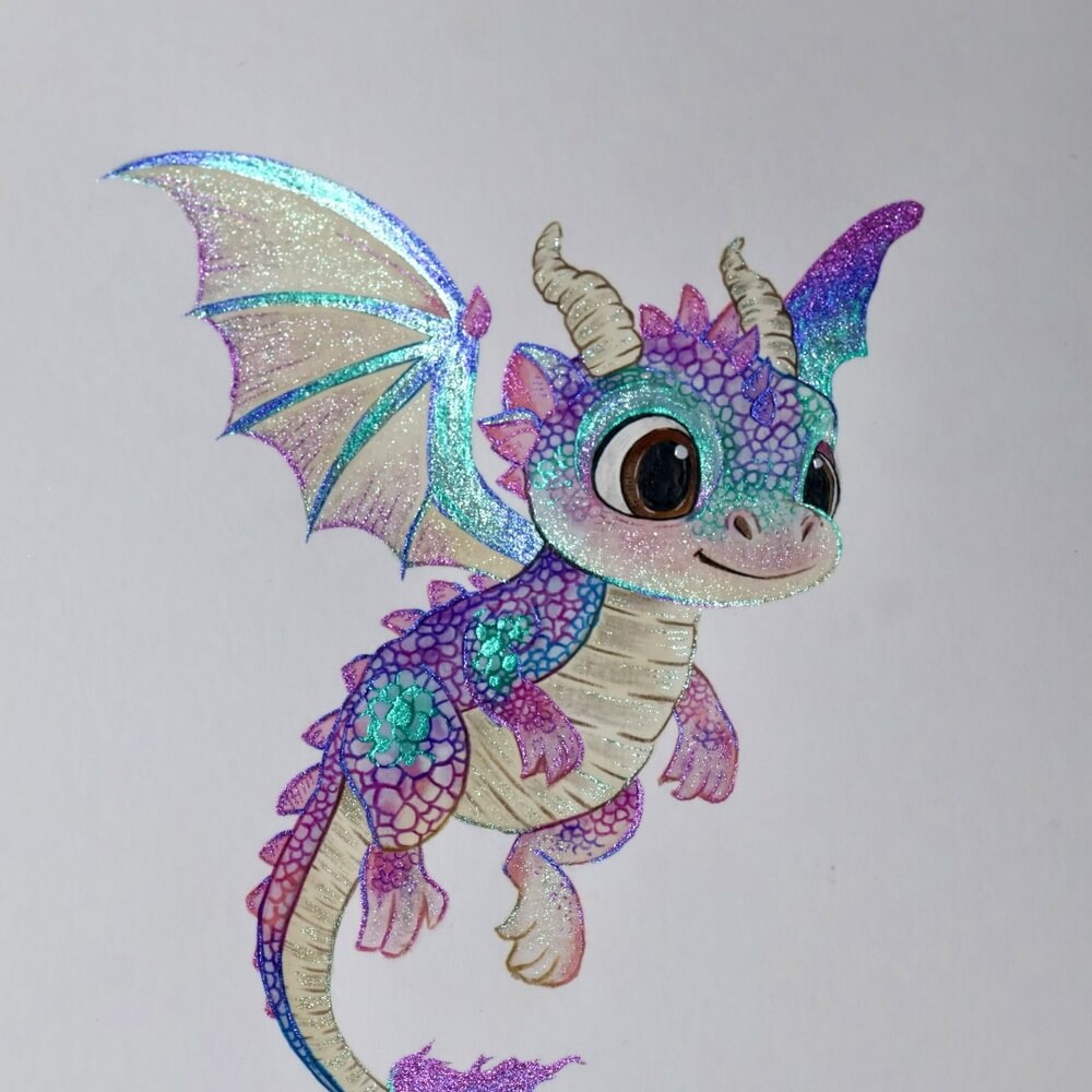 Sparkling baby dragon painted with Lisilinka metallic watercolors from the Tutorial Set Vol. 2
