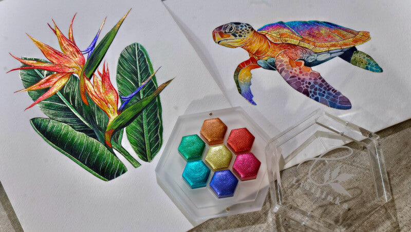 Sparkling Turtle painted with Tropical set of seven metallic watercolors by Lisilinka