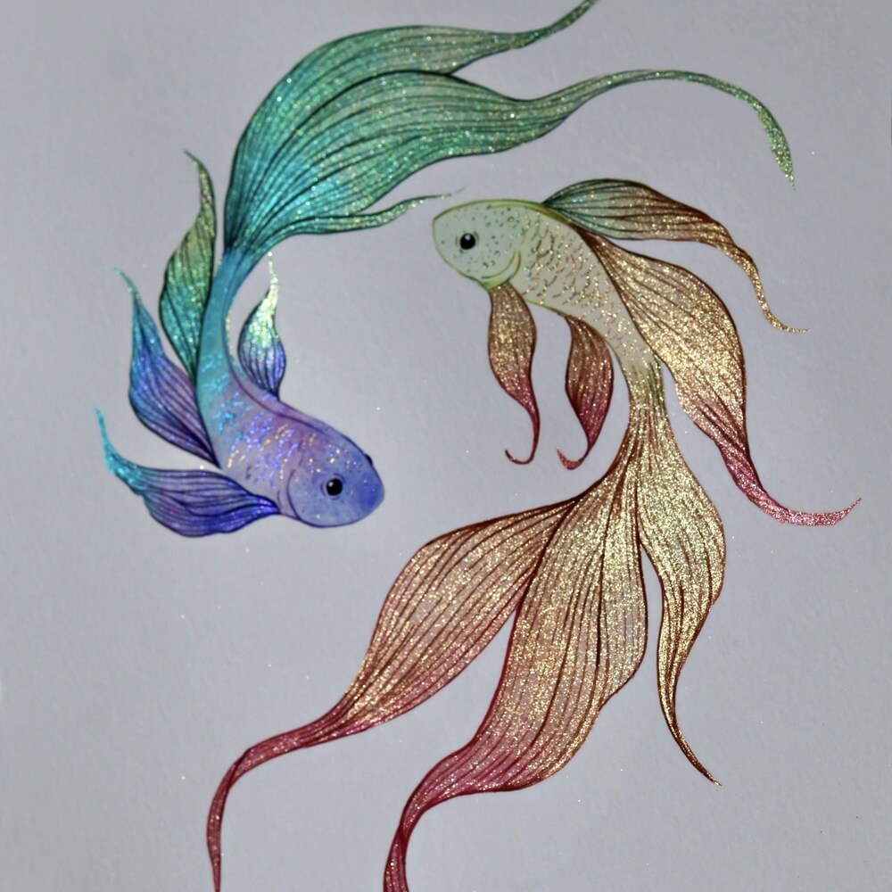 Two betta fish in opal rainbow shades painted with Lisilinka Opal holographic watercolors