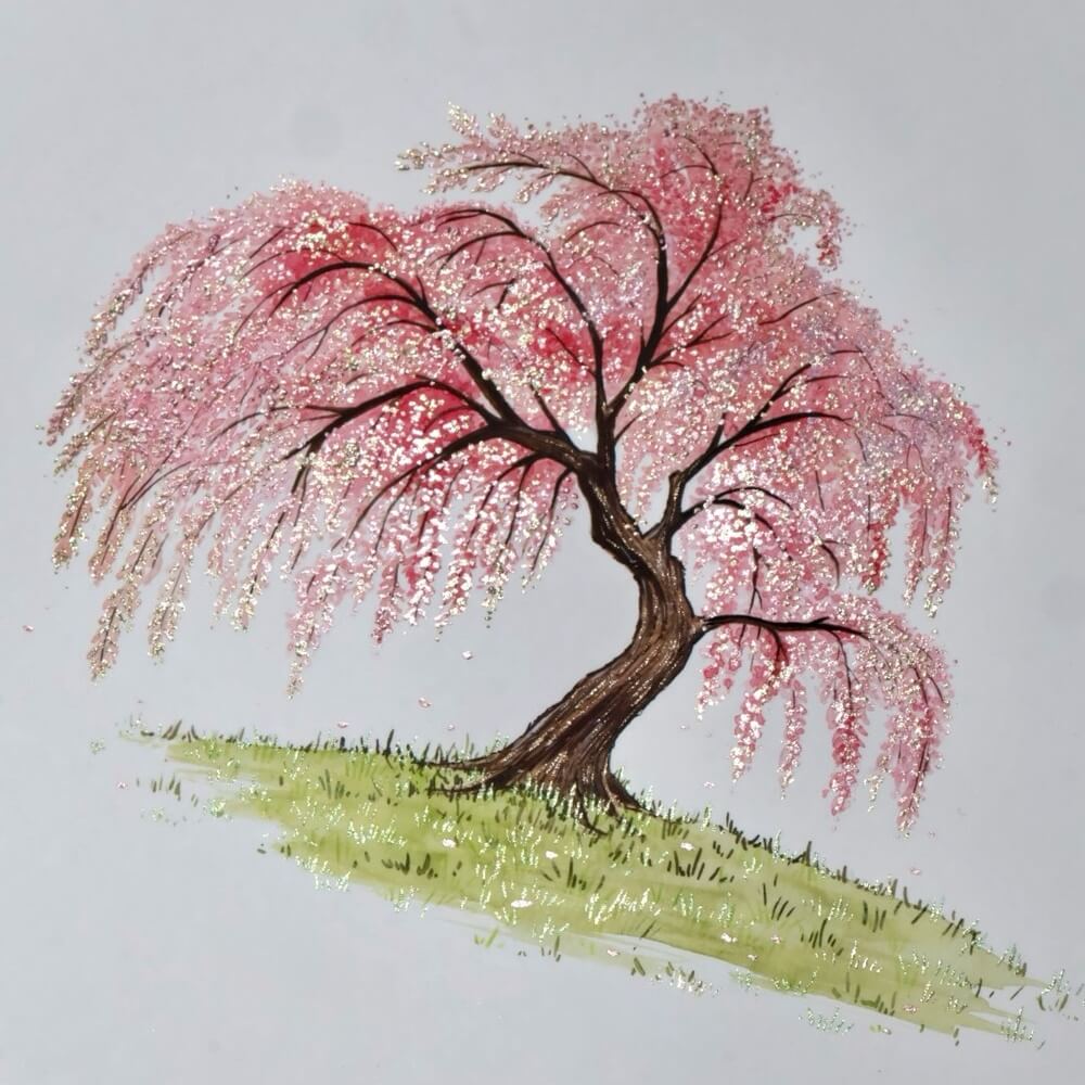 Weeping sakura tree with sparkling pink blossoms painted with Lisilinka metallic watercolors